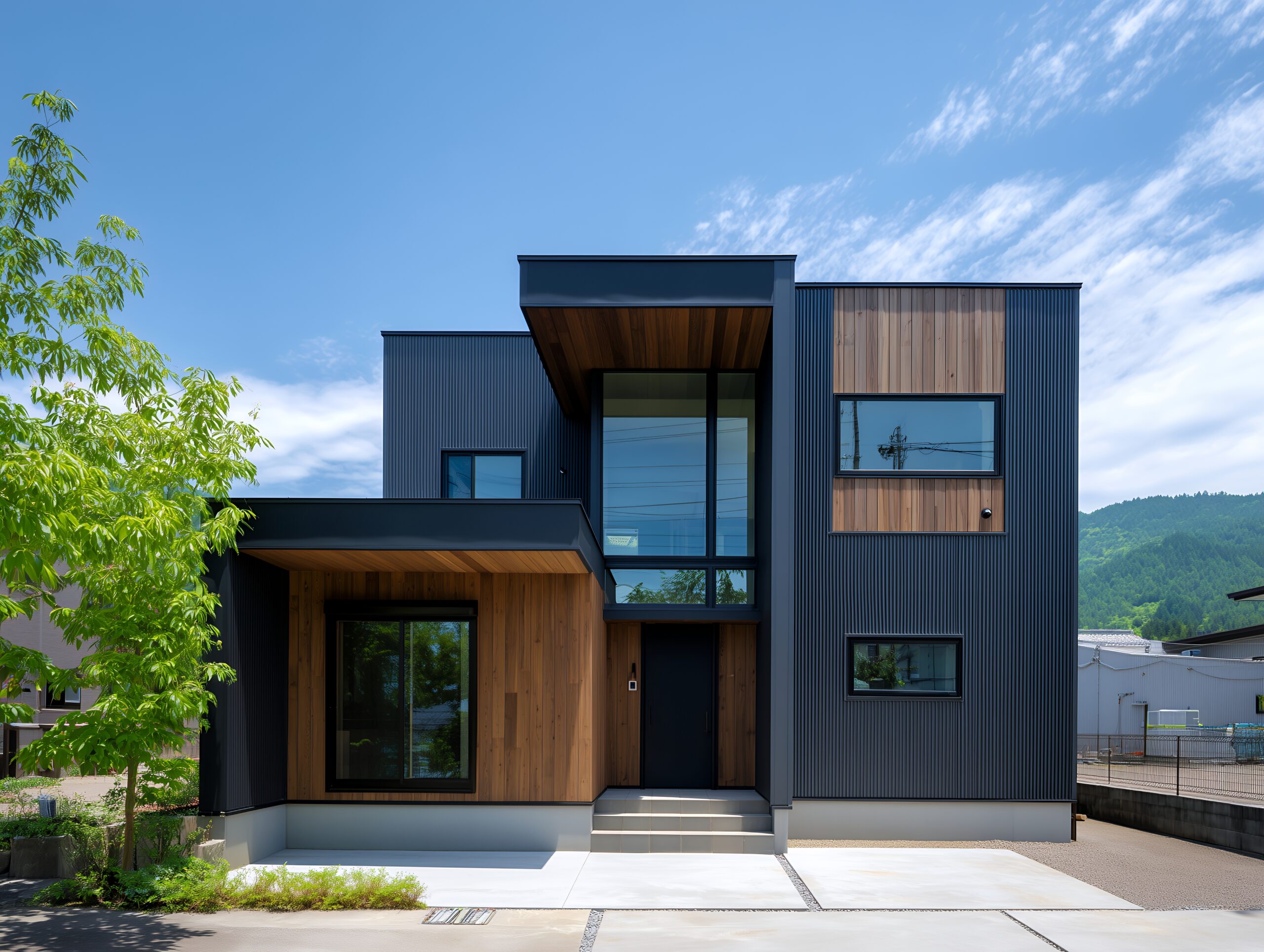 黒い外壁と木を組み合わせた箱型住宅の外観